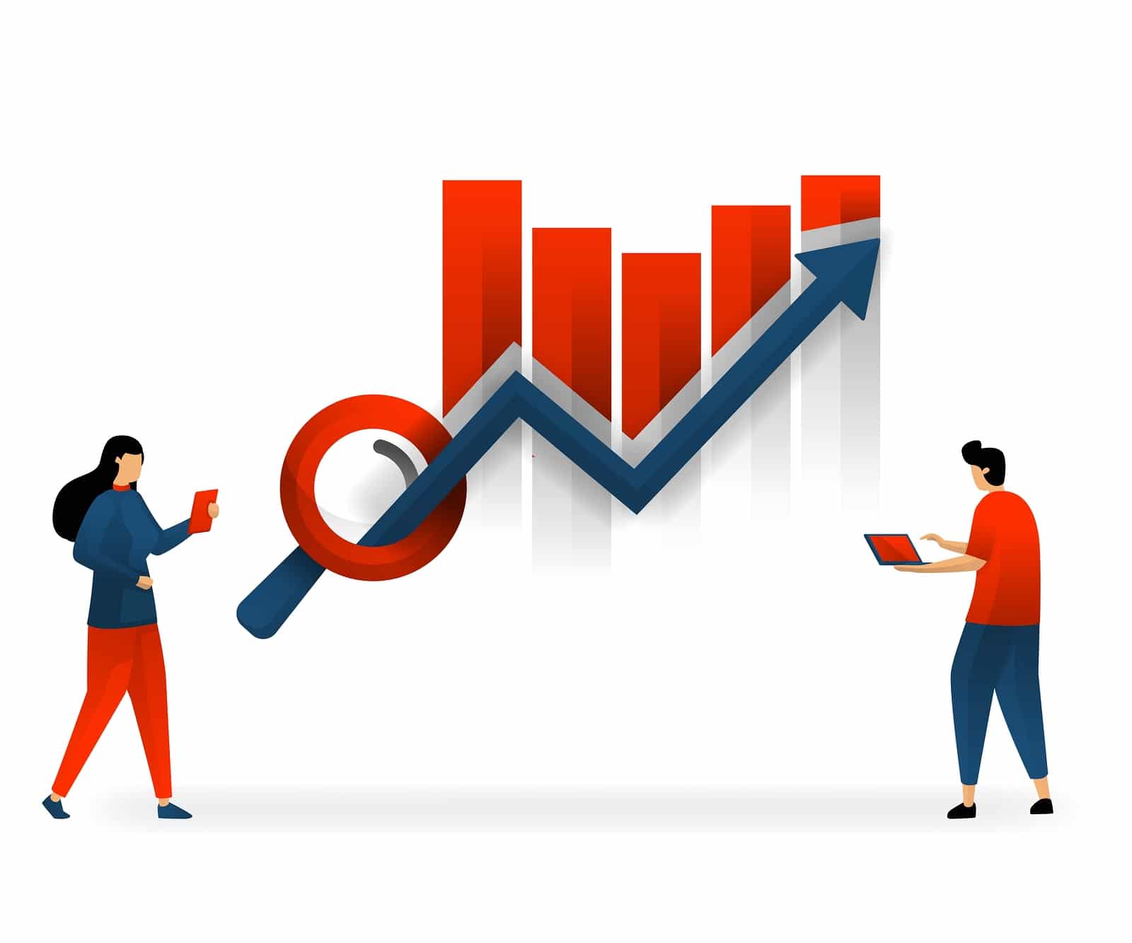 Illustration of a man and woman looking at her SEO data increases on a red bar graph | seo consulting services | seo for therapists