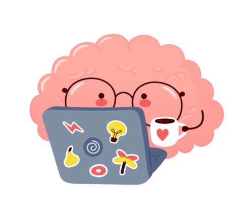 Image of a cartoon brain drinking coffee and working on a laptop. This photo could represent how an SEO Specialist for counselors can help improve google rankings for private practice therapists. 65202 | 65201