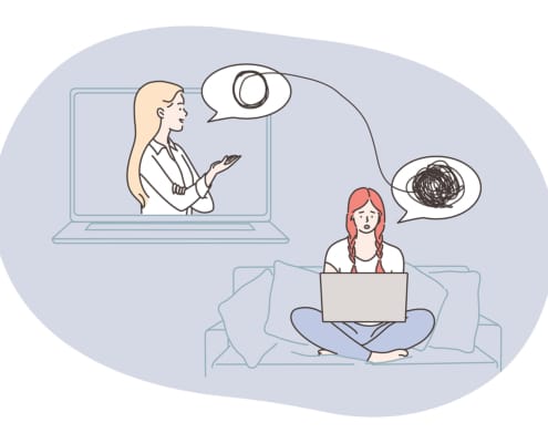 Image of a two women meeting virtually. SEO marketing for therapists can help you boost your rankings for your private practice website.