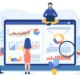 Cartoon style picture of a group of people looking at analytics for their SEO.