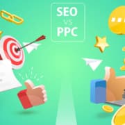 Cartoon Picture of SEO vs. PPC ads with various tools shown. If your are just beginning your SEO journey, understanding the differences organic SEO and PPC is key. Let Simplified SEO Consulting help you!