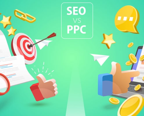 Cartoon Picture of SEO vs. PPC ads with various tools shown. If your are just beginning your SEO journey, understanding the differences organic SEO and PPC is key. Let Simplified SEO Consulting help you!