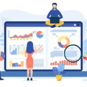 A graphic of people sitting on a giant laptop with analytics on the screen. Represents how tracking your data can help you find ways to boost your SEO
