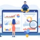 A graphic of people sitting on a giant laptop with analytics on the screen. Represents how tracking your data can help you find ways to boost your SEO