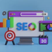 Computer screen with SEO graphics surrounding it representing the positive SEO growth that can come with being a content area expert in you field.