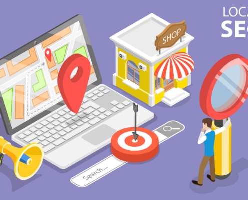 Graphic of a laptop with a bunch of icons on it and the words local SEO. Trying to understand local SEO and how it can help your business? our healthcare SEO services can teach you all you need to know.