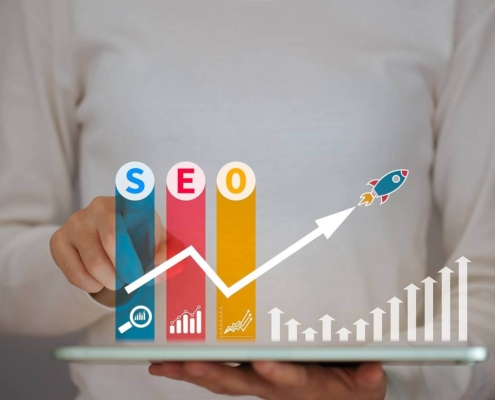 Shows the word "SEO" with a upward trending graph. Represents how private practice seo can help improve your rankings on Google.