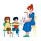 Cartoon photo of a speech therapist working with two children who have speech delays in her successful private practice.