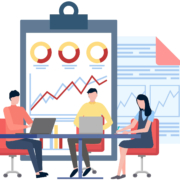 A group sits in a team meeting where they discuss Analytics for SEO in the form of Google Analytics 4.