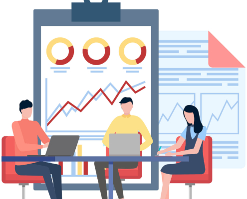 A group sits in a team meeting where they discuss Analytics for SEO in the form of Google Analytics 4.
