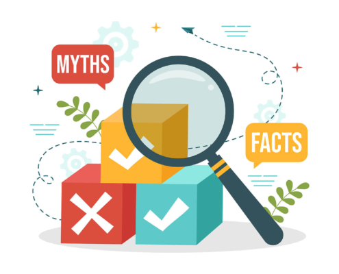 Color blocks with myths vs facts & a magnifying glass. Let's go over the myths & facts surrounding SEO for law firms. Grow your law firm by using our SEO techniques!