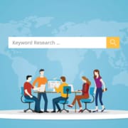 A search bar with Keyword Research and small icon people at desk. Keyword research is crucial to grow your personal injury law firm. Discover more keyword research & SEO techniques here.