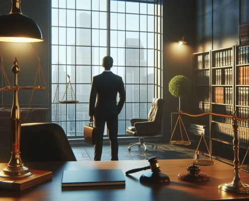 Shows a lawyer looking out the window. Represents how local seo for lawyers and personal injury lawyer seo can support your law firm.
