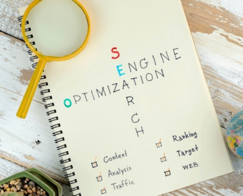 Shows the words "Search Engine Optimization" with a checklist of SEO aspects. Represents how seo for private practices and seo for online therapy can be supported with meta descriptions.