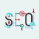 Flat design modern vector illustration concept of SEO word combined from elements and icons which symbolized a success internet searching optimization process. Isolated on stylish colored background