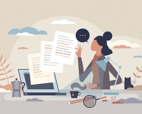 A cartoon graphic of a woman creates content on her laptop. Feel like your SEO strategy could use some help? Speak with Simplified SEO Consulting to see how we can teach you to create good SEO content