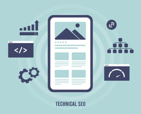 Technical SEO concept. Improve websites search engine ranking with technical on-page SEO optimization. Create seo-friendly site structure, use sitemap, improve website speed and mobile-friendly design