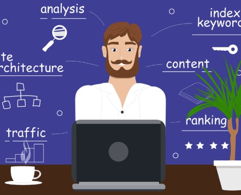 An illustration of a man working on his SEO on a laptop. Representing the different things that go into SEO like content, analysis, keywords. Contact us today to learn more about SEO!