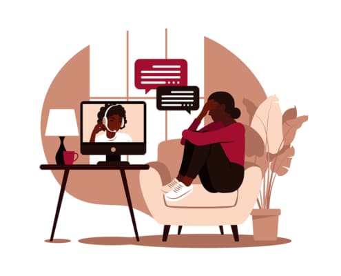 Illustration of a woman talking to an online therapist through the computer. Representing how you can rank higher on Google by implementing the right SEO strategy. Explore our options on our website!