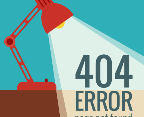 Illustration of a lamp shining down on the words "404 error page not found". If you are looking to fix broken links on your site, find support with skilled seo specialists at Simplified SEO Consulting.