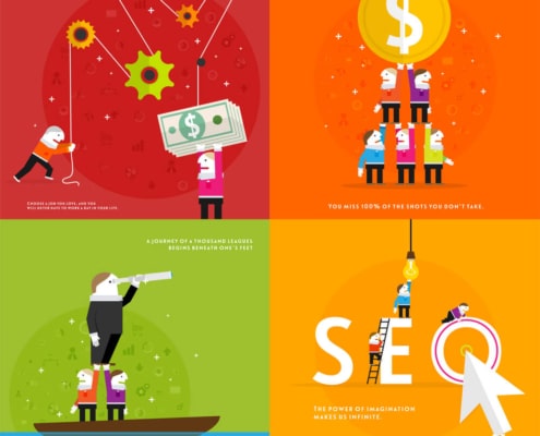 A colorful illustration collage representing SEO services for helping professionals, emphasizing teamwork, creativity, and success, serving private practice owners in New York, Florida, and California and throughout the United States.