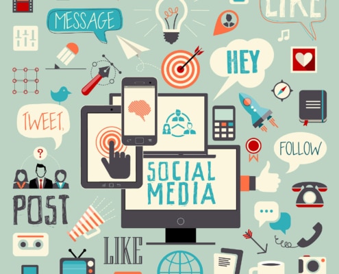 An illustration of social media aspects like "message", "share" & "like" with tiny icons. Representing how social media & SEO can go hand-in-hand. Boost your online visibility today with our SEO services.