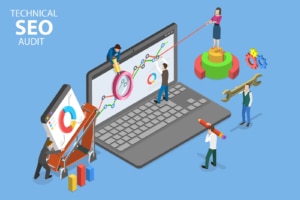 Illustration of cartoon people working on a laptop with the words technical seo audit. Begin seeing increased conversions and achieve higher rankings with the help of Simplified SEO Consulting’s technical SEO services.