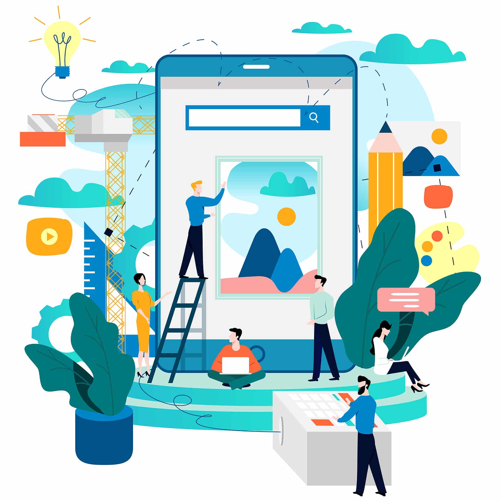 Illustration of cartoon people working on multiple things related to a technical seo audit. Begin seeing your website thrive with the help of technical SEO services offered by Simplified SEO Consulting.