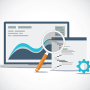 A vector illustration of a laptop screen displaying analytical graphs and text, accompanied by a magnifying glass focusing on a document with lines of code
