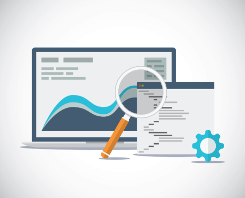 A vector illustration of a laptop screen displaying analytical graphs and text, accompanied by a magnifying glass focusing on a document with lines of code