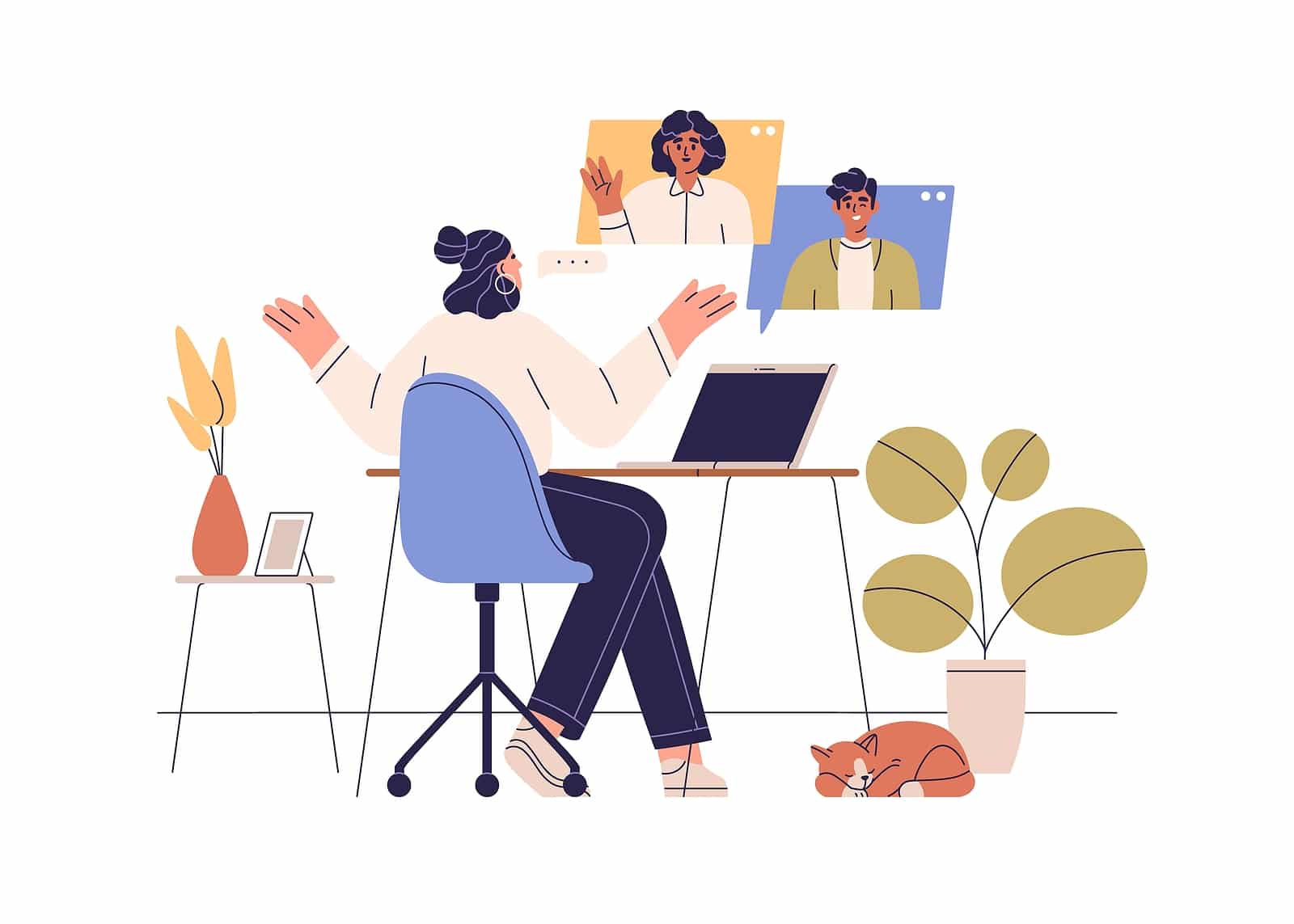 Illustration of a woman sitting at a desk using a laptop to talk to others. With the help of technical SEO services provided by Simplified SEO Consulting, you can begin improving your website’s user experience and see an increase in conversions.