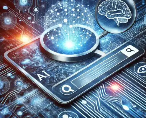 A futuristic search engine interface with AI-generated results representing the move towards AI-Driven Search in the United States and beyond.