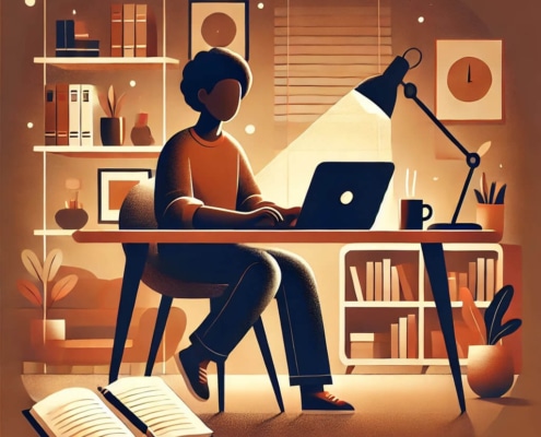 An illustration of a cartoon character sitting at a desk typing on a laptop. Representing cornerstone content & how it can help you reach the 1st page of Google. Read our blog for more information!