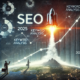 An image of an SEO a landscape with two people watching a rocket take off representing that the myth that SEO is dead is not true.