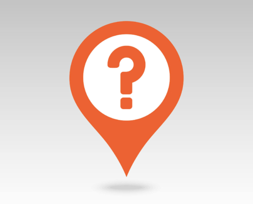 An orange map pin with a white circle inside, featuring a bold orange question mark, symbolizing inquiries or search-related questions.