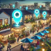 A vibrant town square with blue local SEO icons above buildings representing the importance of Local SEO in AI search in the United States.