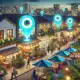 A vibrant town square with blue local SEO icons above buildings representing the importance of Local SEO in AI search in the United States.