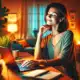 A small business owner looks content as she works in a cozy office after implementing a self-care plan to prevent burnout.