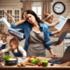 An overwhelmed woman stands at the kitchen counter trying to do everything at once, manage kids, work, and household needs representing the concept of hustle culture and the need to constantly do more to prove your worth.